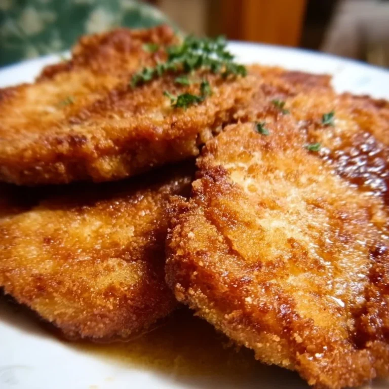 Golden brown buttermilk fried pork chops on a plate with fresh herbs