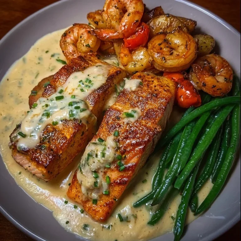 Cajun shrimp and salmon served with a creamy garlic sauce on a plate