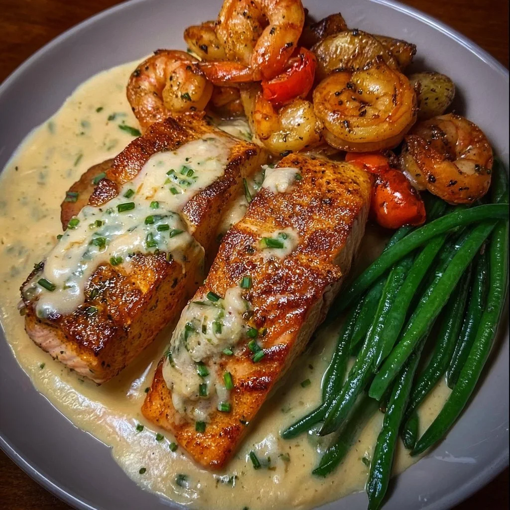 Cajun shrimp and salmon served with a creamy garlic sauce on a plate