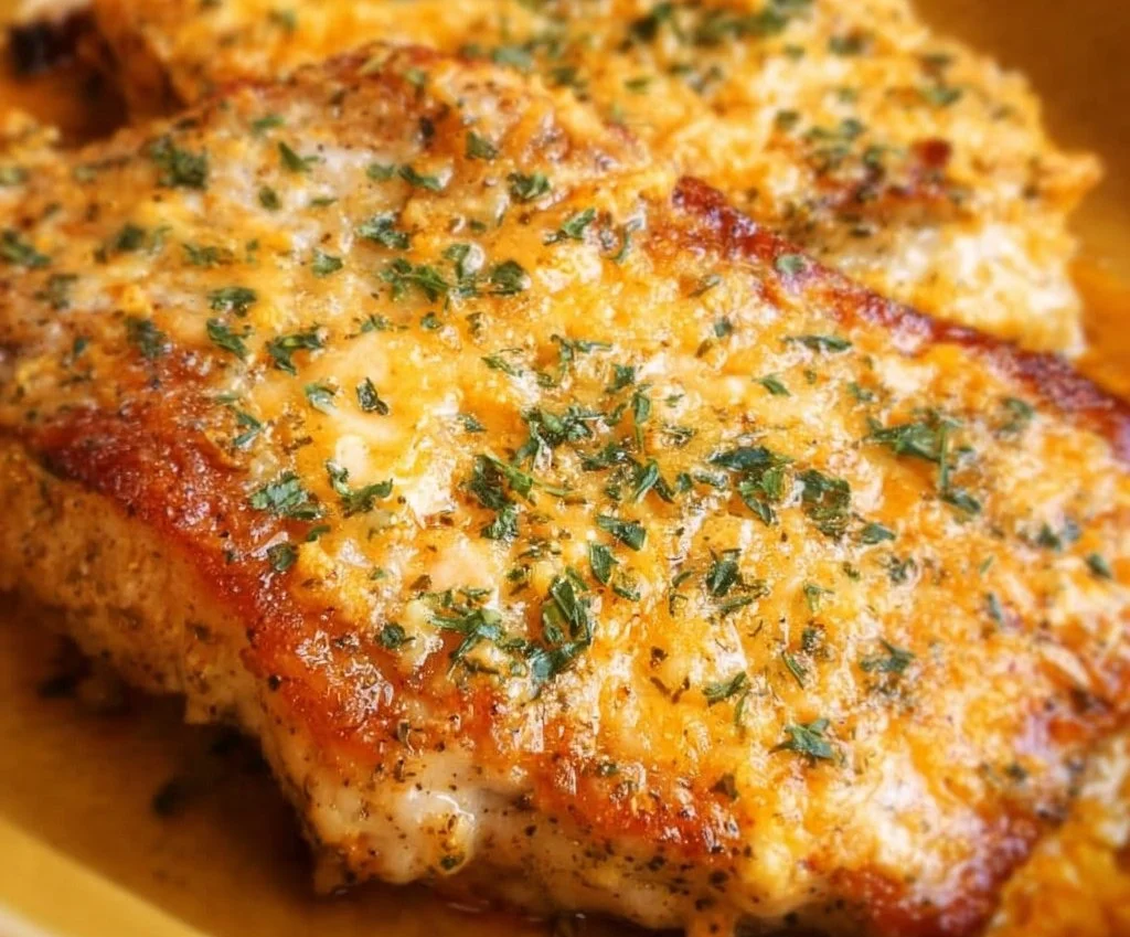 Cheddar Ranch Pork Chops served on a plate with herbs and garnishes.