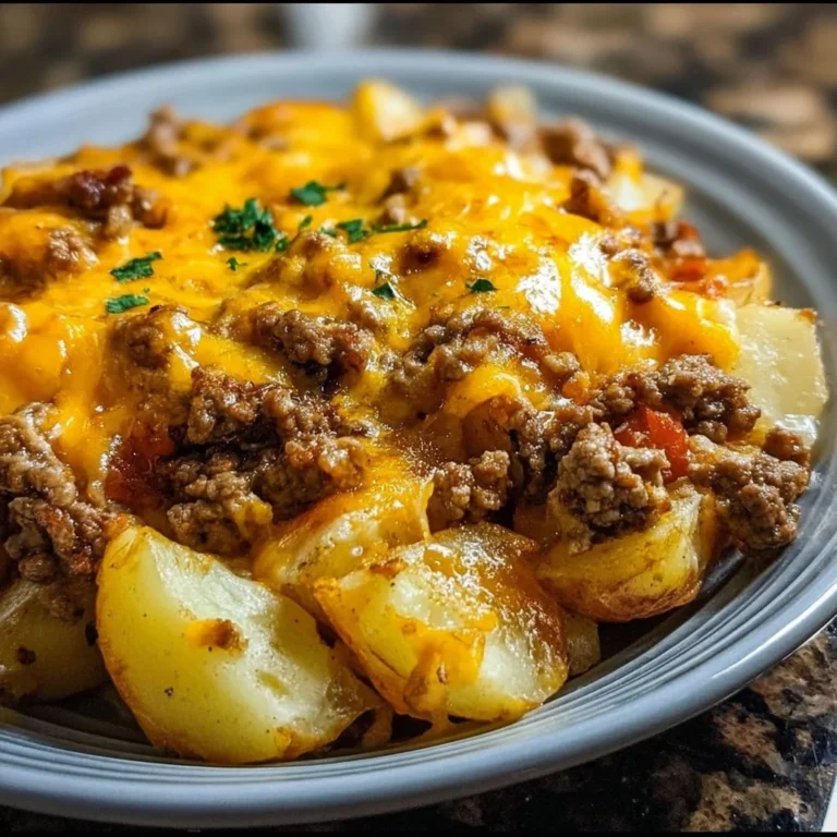 Cheesy ground beef and potato casserole served in a dish