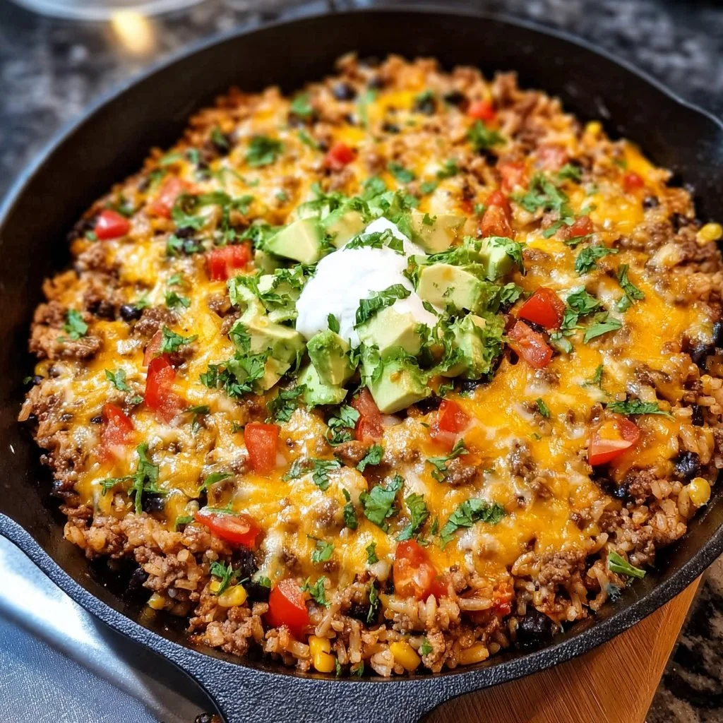 Cheesy Taco Rice Skillet topped with cheese and fresh ingredients in a skillet
