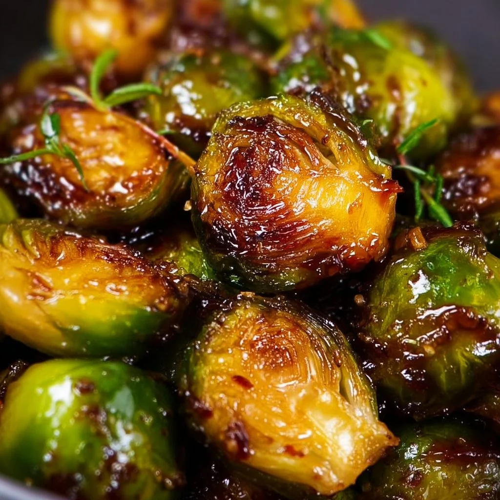 Crispy Honey Balsamic Brussels Sprouts garnished and ready to serve