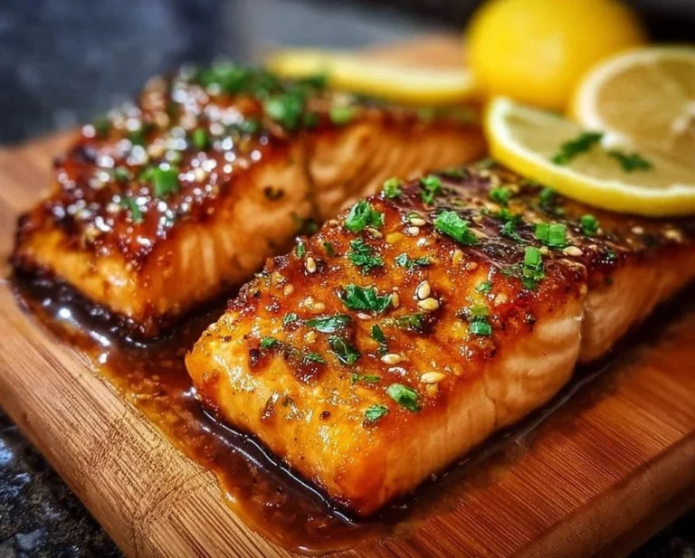 Crispy honey garlic salmon with a glossy glaze on a white plate