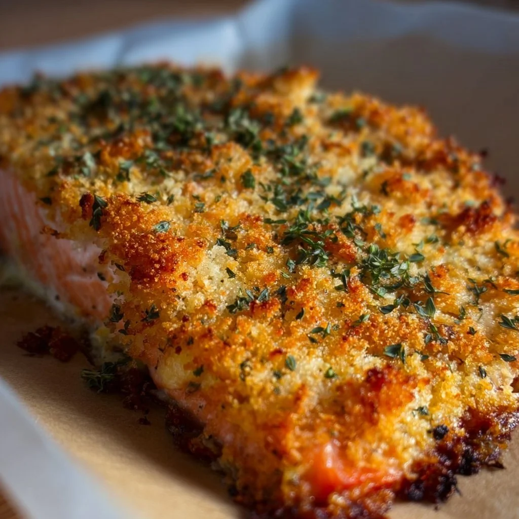 Crispy Parmesan Salmon Bake served with fresh vegetables