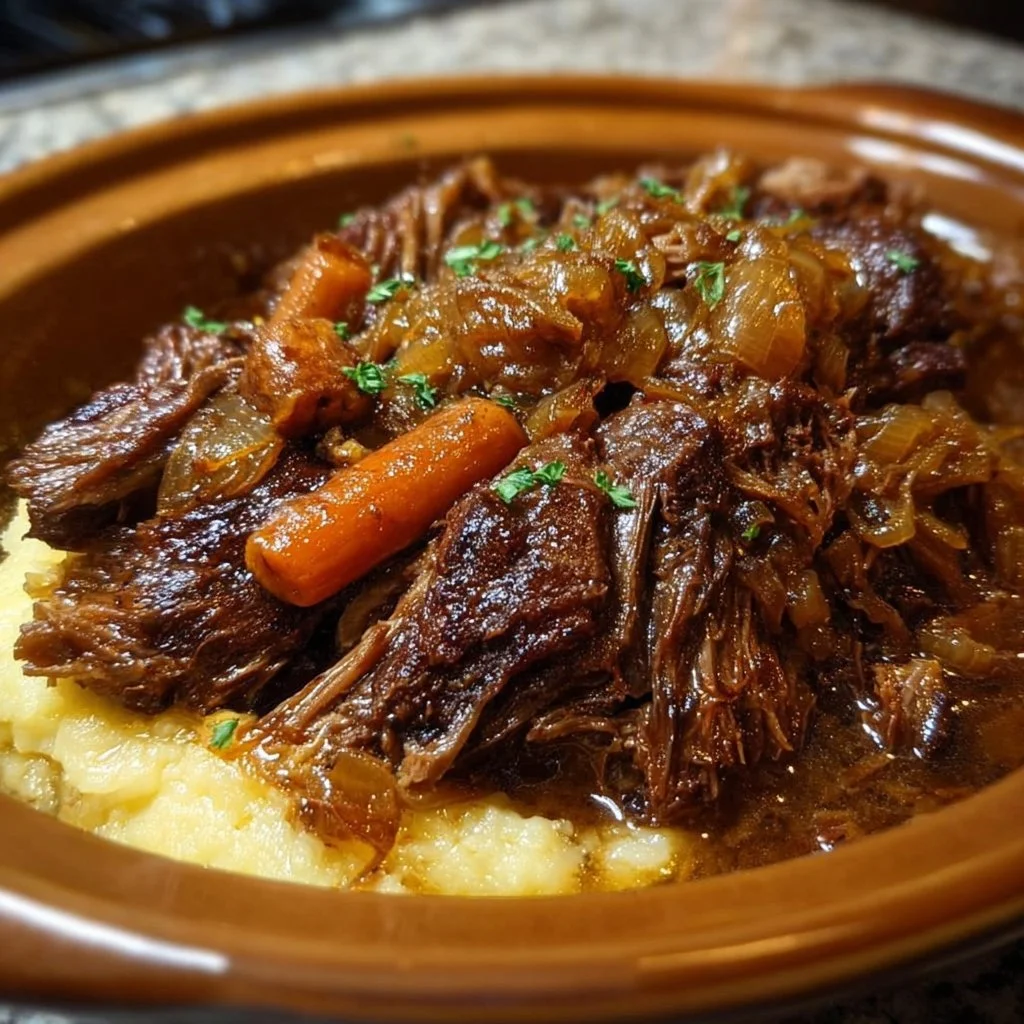 Delicious Crock Pot French onion pot roast with flavorful onions and tender meat