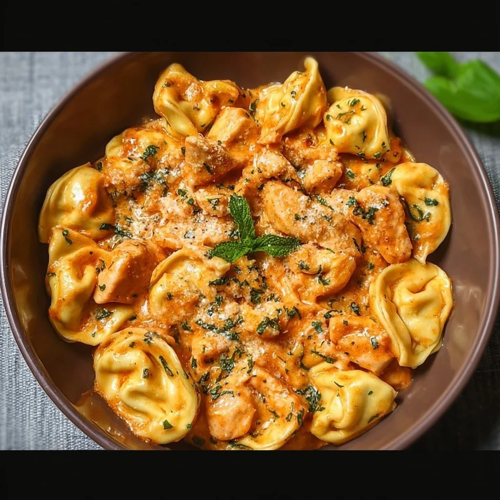 CrockPot Chicken Tortellini dish garnished with herbs and cheese
