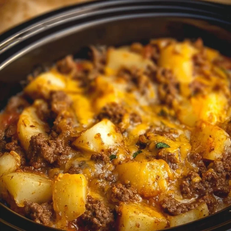 Crockpot Hamburger Potato Casserole served in a bowl with a spoon