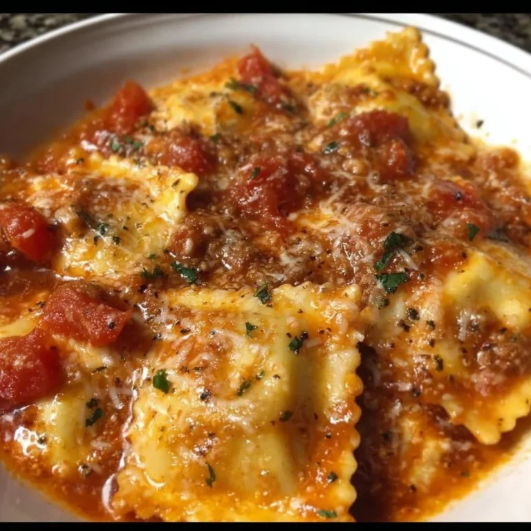 Crockpot Ravioli Lasagna served with cheese and herbs in a bowl