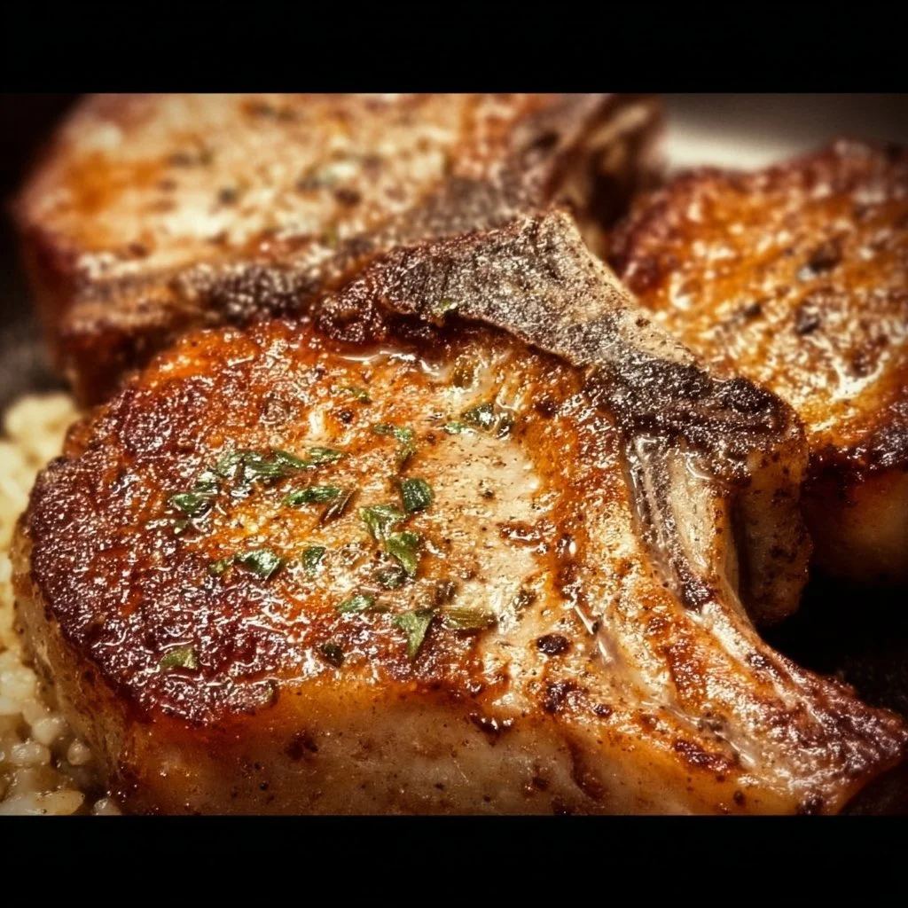 Deliciously baked pork chops served with herbs and spices