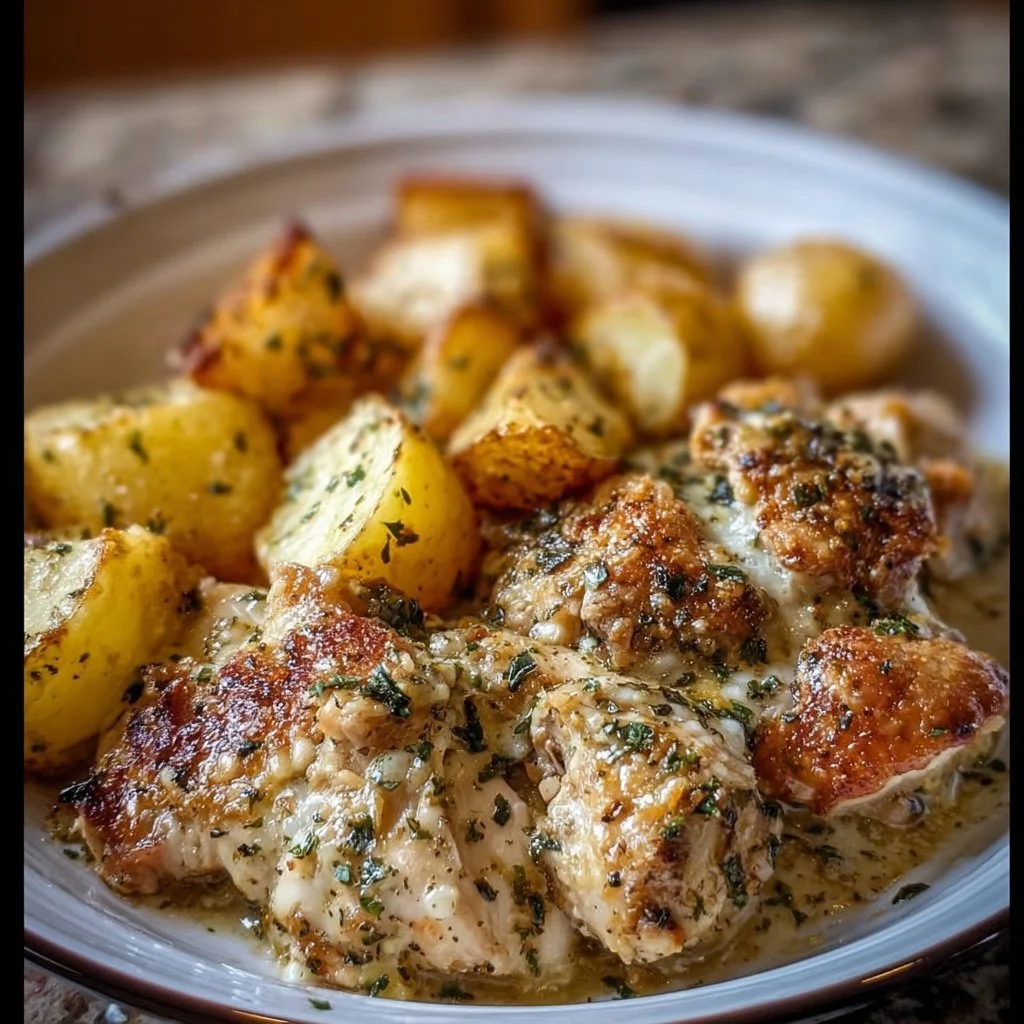Garlic Parmesan Chicken and Potatoes prepared in a crockpot with herbs