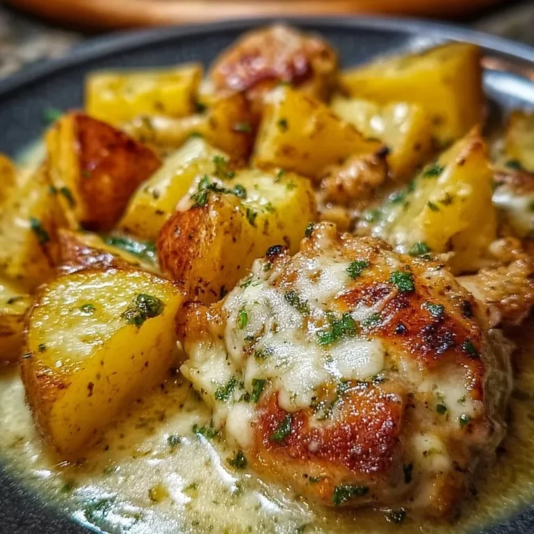Garlic Parmesan Chicken and Potatoes cooked in a crockpot, served on a plate.