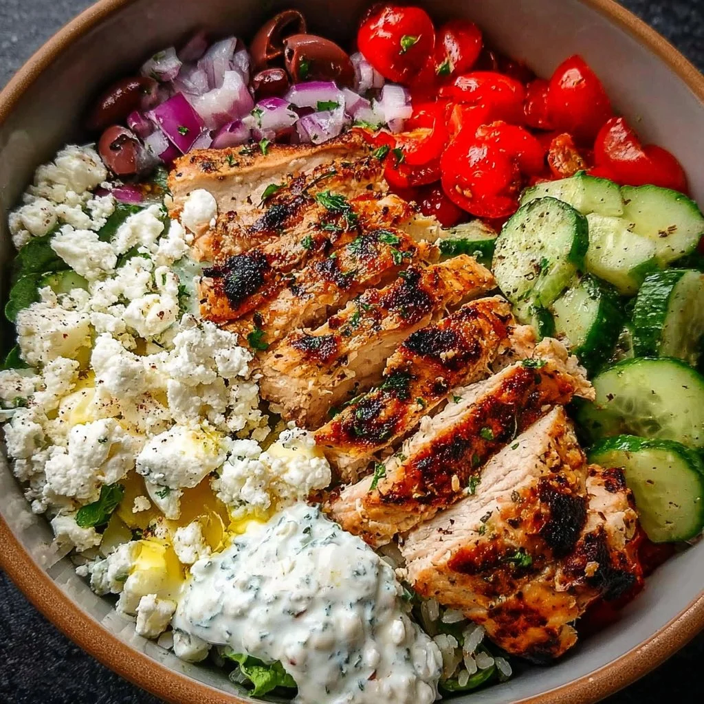 Delicious Greek Chicken Bowls with fresh veggies and toppings