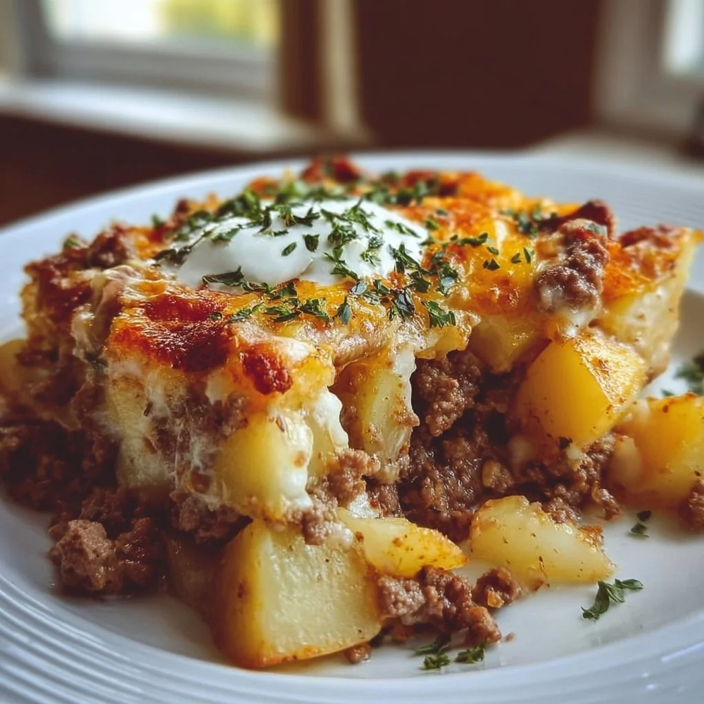 Ground beef and potatoes casserole baked in a dish, a hearty meal option.