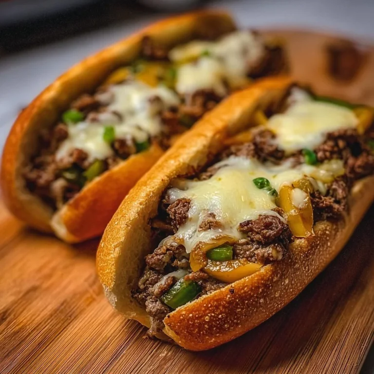 Ground Beef Philly Cheesesteaks served on a plate with melted cheese and toppings.