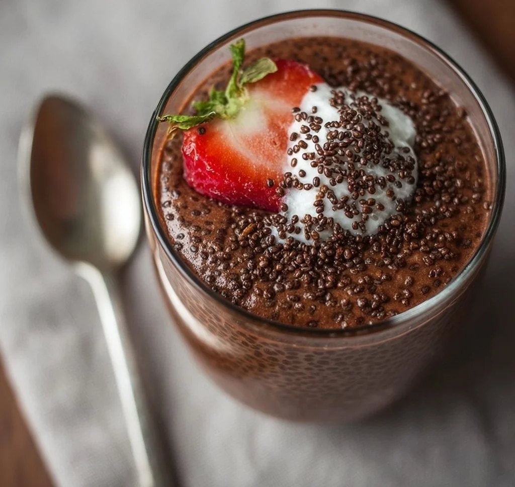 High protein chocolate chia seed pudding in a bowl with toppings