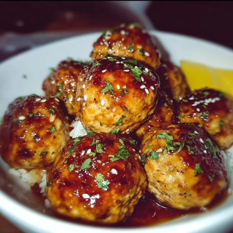 Honey Garlic Turkey Meatballs served with a tangy sauce and garnish