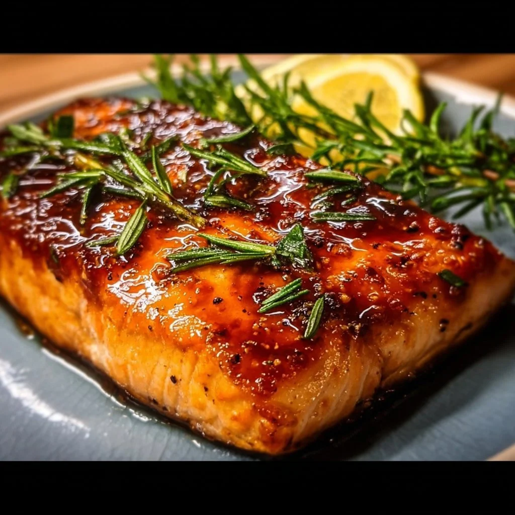 Delicious honey-glazed salmon fillet served with vegetables