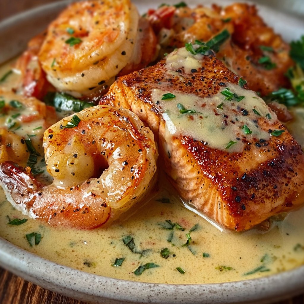 Cajun Shrimp and Salmon with Garlic Cream Sauce
