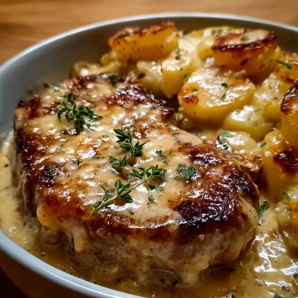 Indulgent smothered pork chop casserole with scalloped potatoes