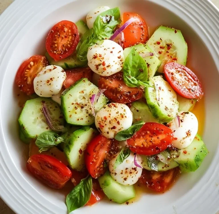 A vibrant Cucumber Caprese Salad with fresh basil, mozzarella, and tomatoes.
