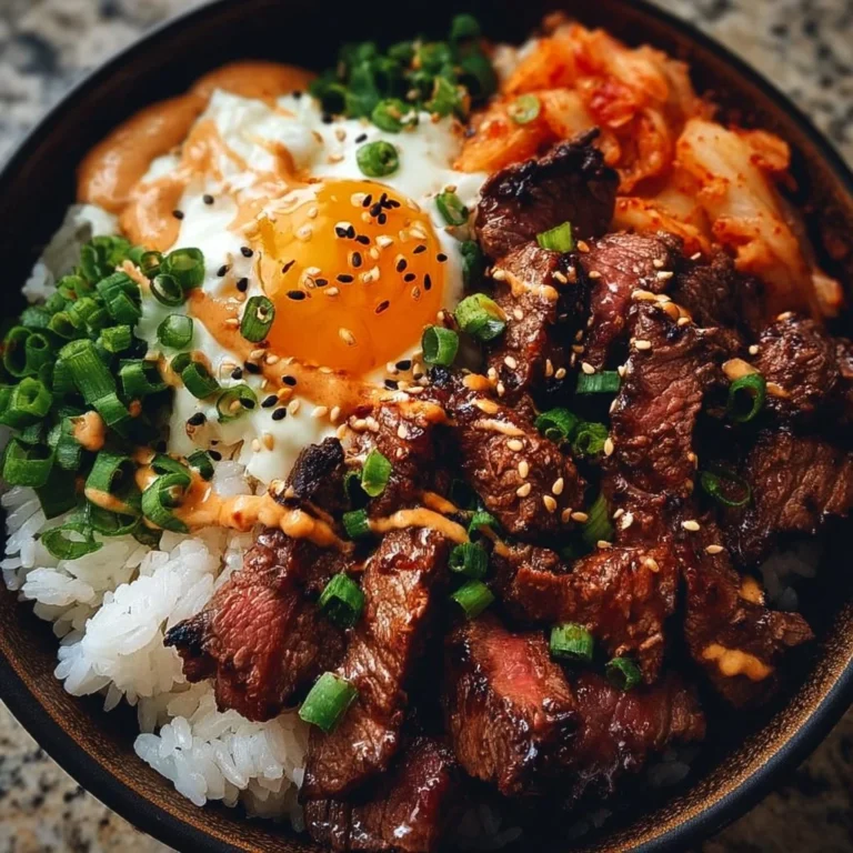 Korean BBQ steak rice bowl with fresh vegetables and marinade