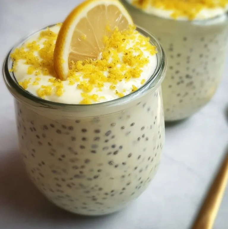 Lemon cream chia pudding in a jar topped with fresh lemon zest and mint leaves.