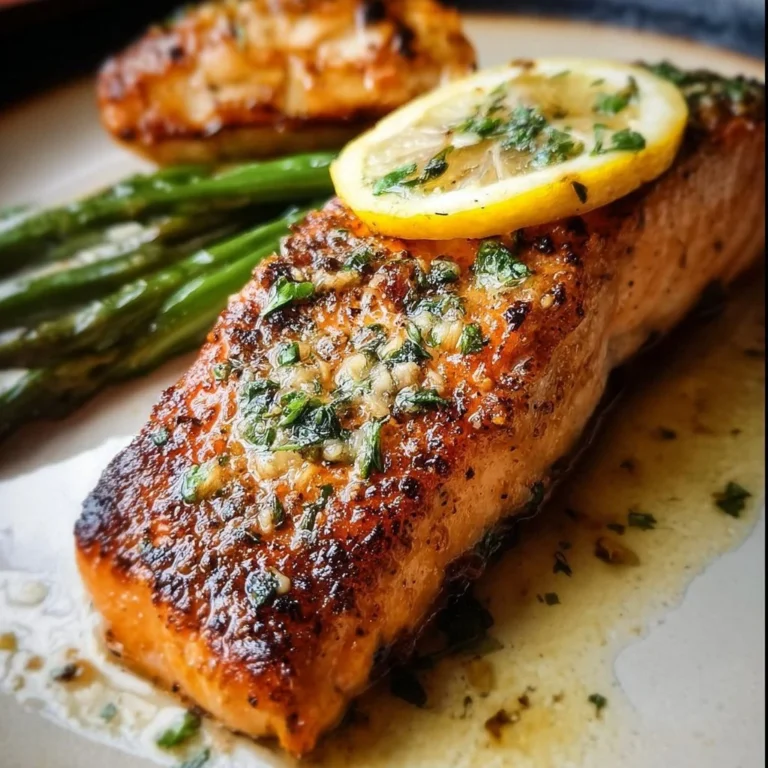 Lemon Garlic Butter Salmon plated on a white dish with lemon slices and herbs.