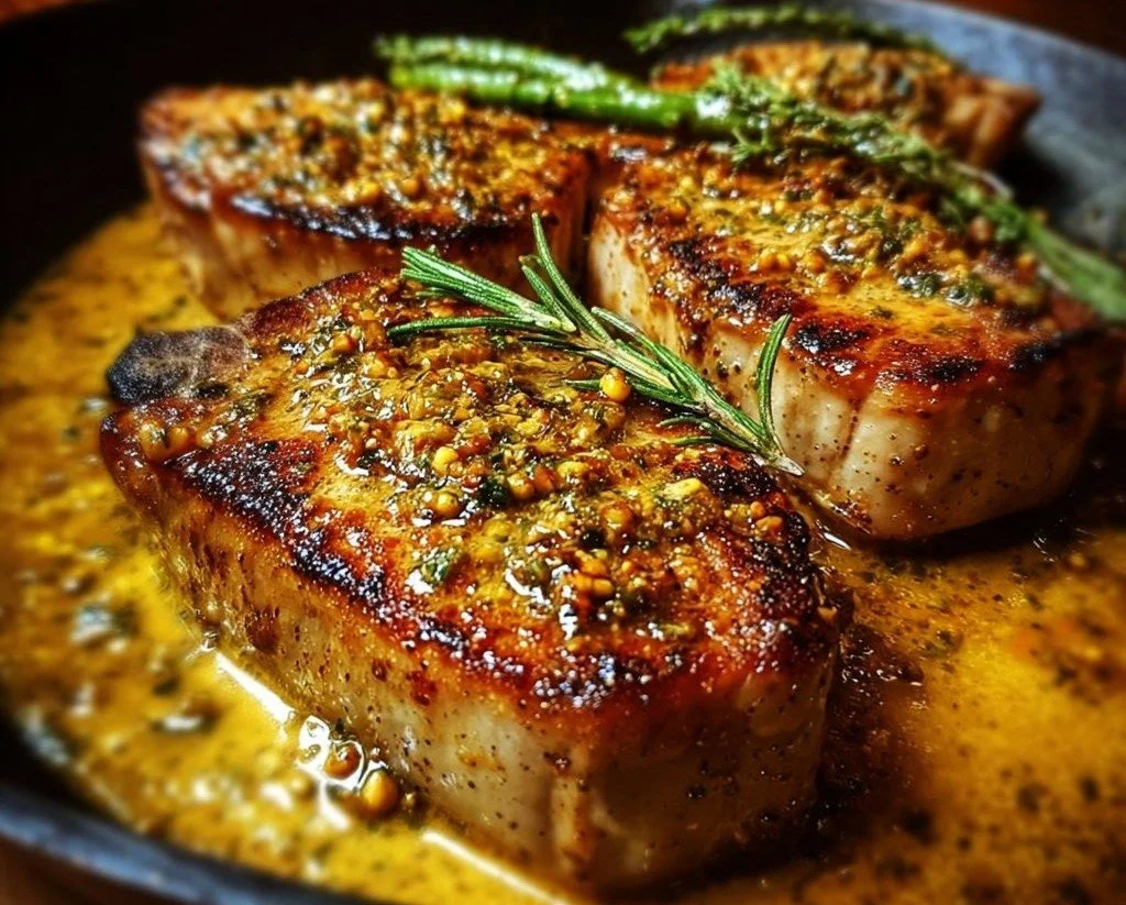 Maple Mustard Pork Chops served with a side of vegetables