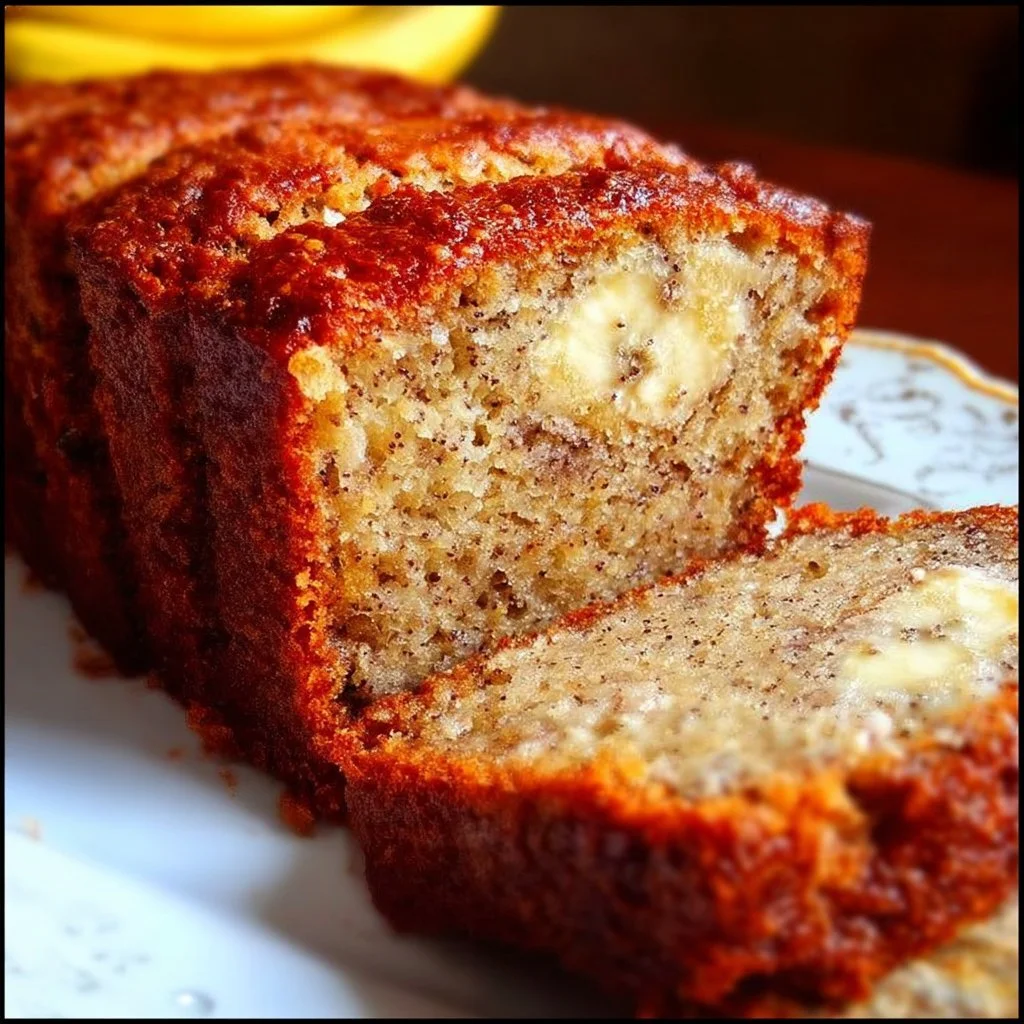 Loaf of moist banana bread sliced on a wooden cutting board