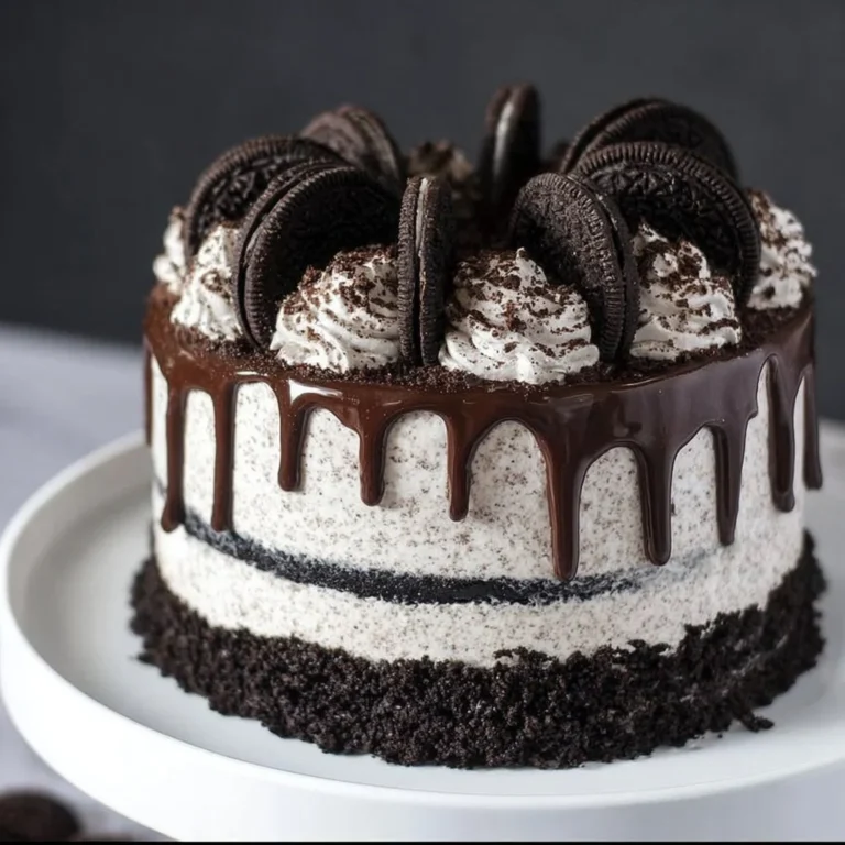 Homemade Oreo cake with chocolate frosting and crushed Oreos
