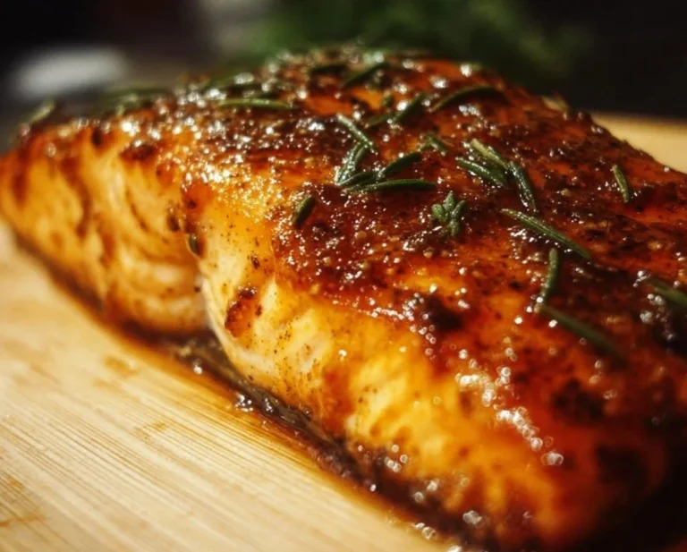 Oven-baked honey mustard salmon garnished with herbs on a plate