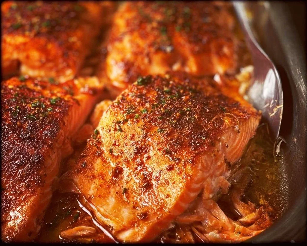 Oven baked salmon with herbs and lemon on a plate