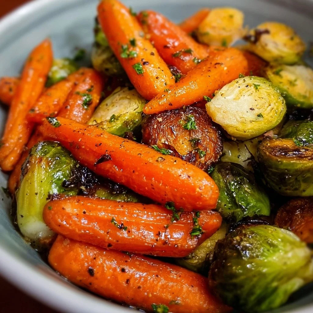 Paleo maple glazed carrots served with Brussels sprouts on a rustic table.