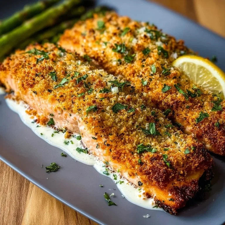 Parmesan Crusted Salmon with Mayo on a serving plate garnished with herbs