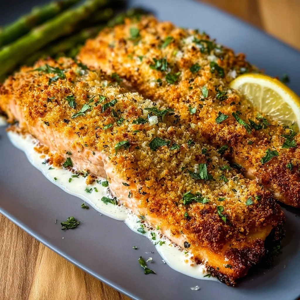 Parmesan Crusted Salmon with Mayo on a serving plate garnished with herbs
