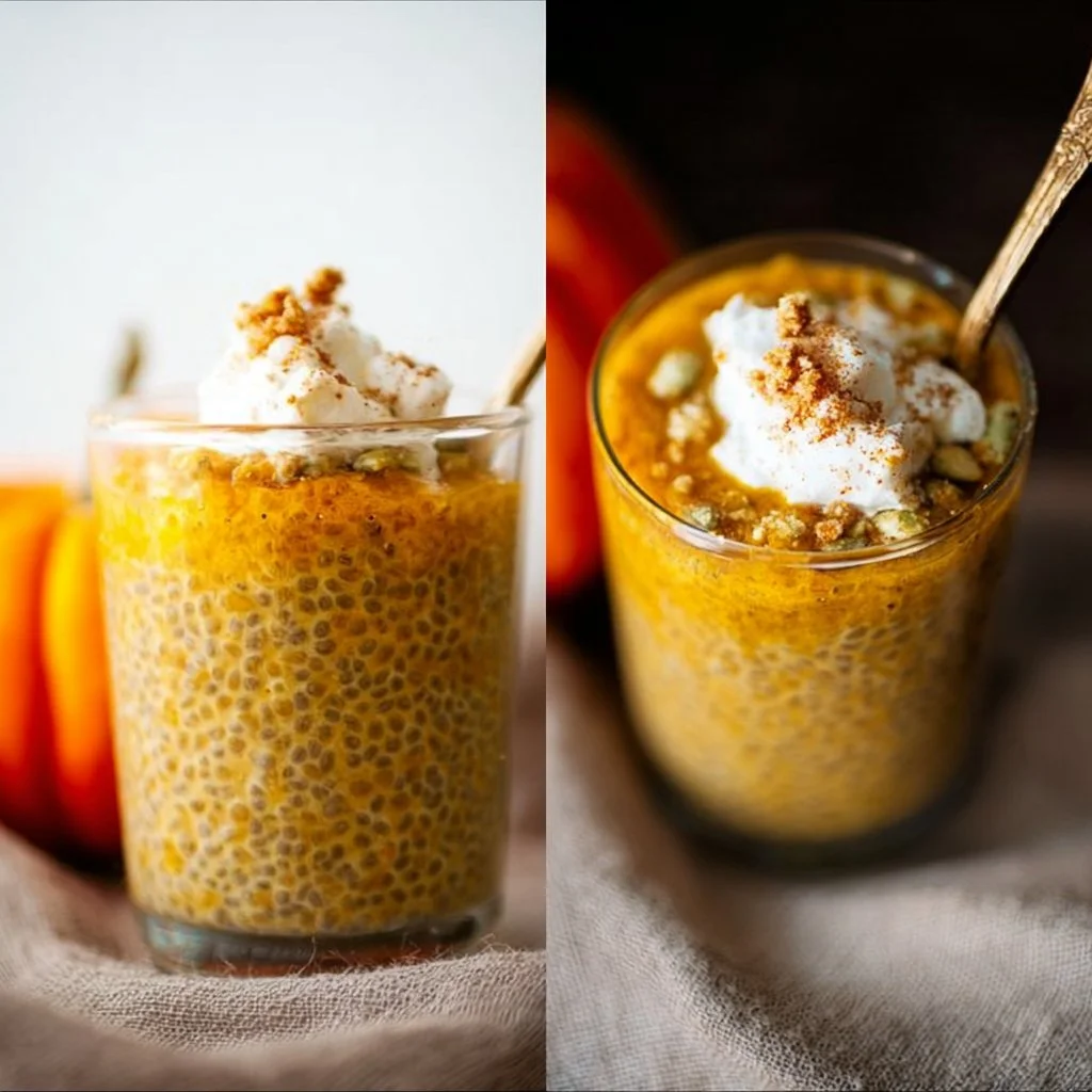 A bowl of creamy pumpkin chia seed pudding topped with spices and seeds
