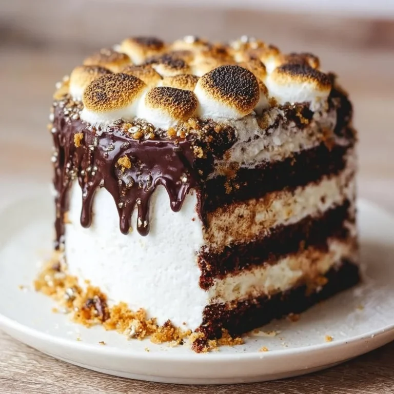 Delicious smores chocolate cake with layers of chocolate, marshmallows, and graham cracker crust.