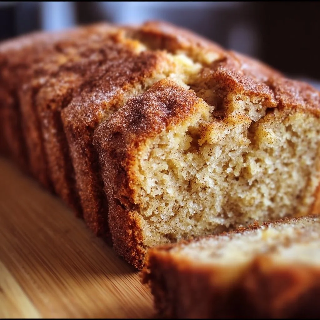 Delicious homemade snickerdoodle banana bread topped with cinnamon sugar.