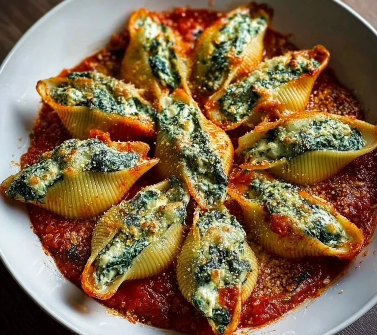 Baked spinach and ricotta stuffed shells topped with marinara sauce