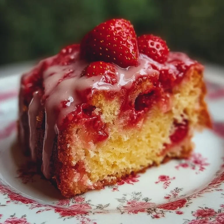 Delicious slice of Strawberry Honeybun Cake topped with fresh strawberries.