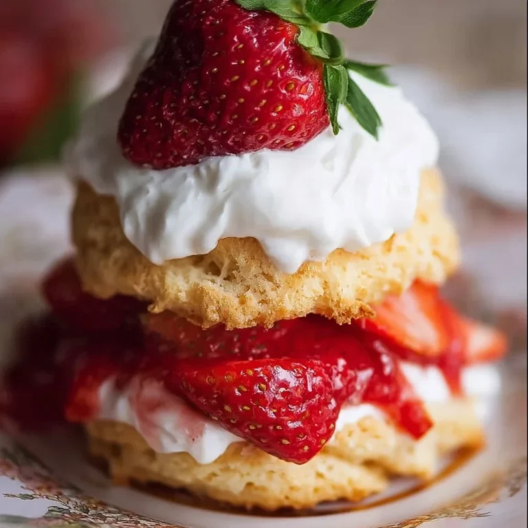 Delicious Strawberry Shortcake topped with fresh strawberries and whipped cream