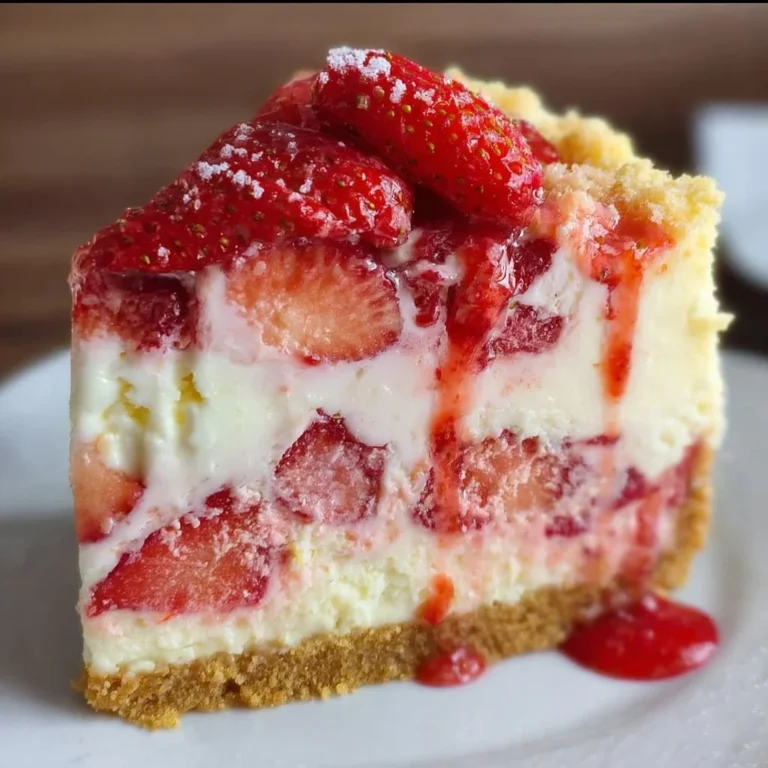 Delicious Strawberry Shortcake Cheesecake topped with fresh strawberries and whipped cream.