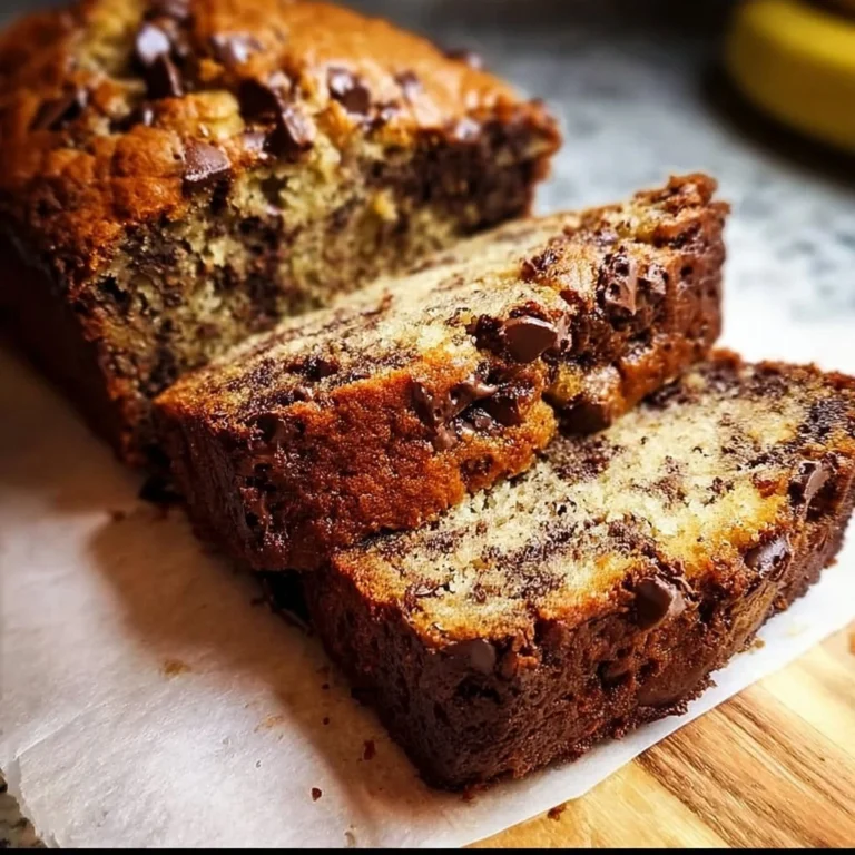 Slice of super moist chocolate chip banana bread with chocolate chips and banana pieces