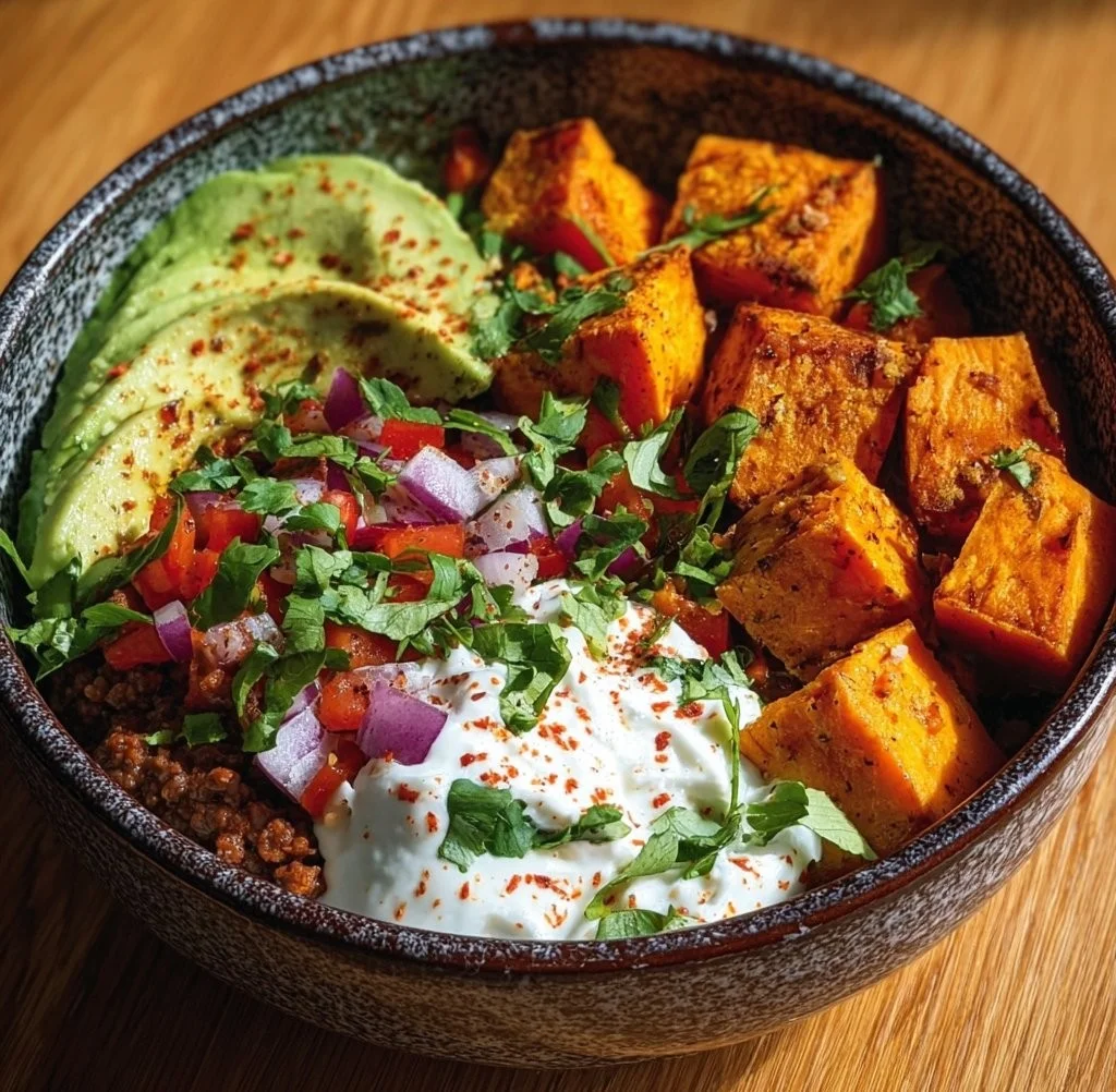 Delicious Sweet Potato Taco Bowl topped with fresh ingredients