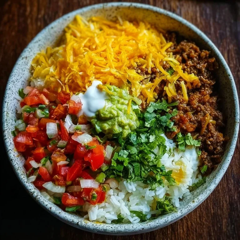 Delicious taco rice bowl topped with fresh ingredients and seasonings.