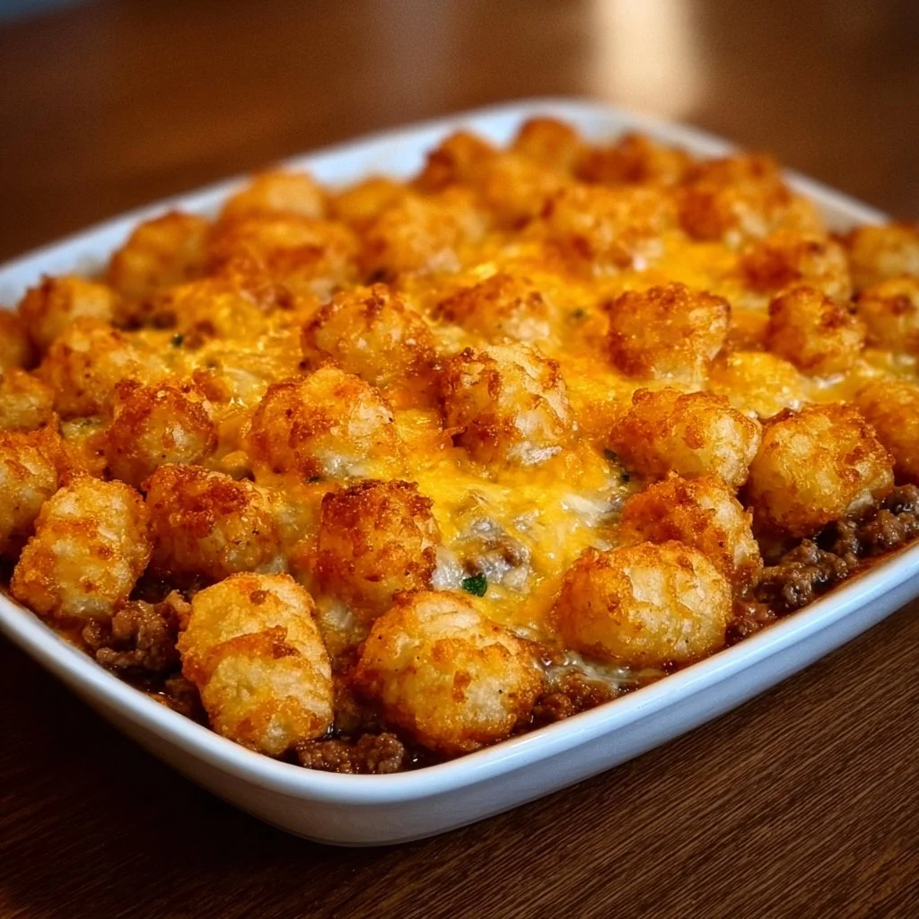 Delicious Tater Tot Casserole topped with melted cheese and crispy tots