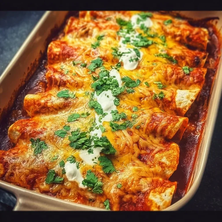 Delicious quick and easy chicken enchiladas topped with sour cream and cilantro.