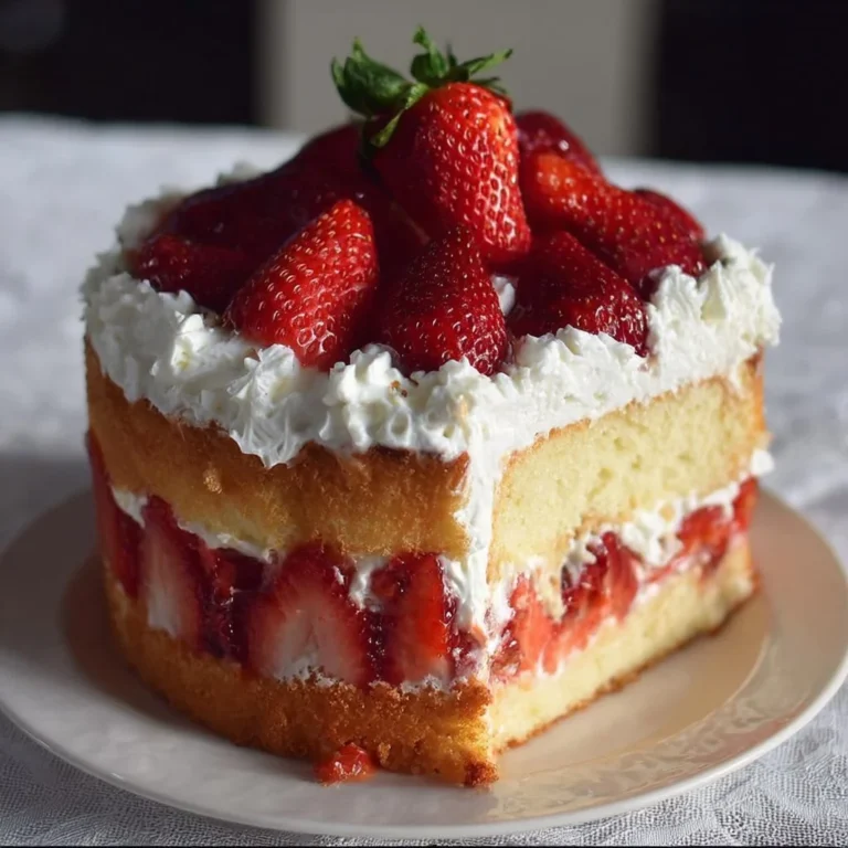 Delicious strawberry shortcake cake topped with fresh strawberries and whipped cream