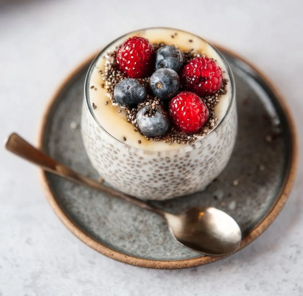Delicious vanilla chia seed pudding served in a bowl with toppings.